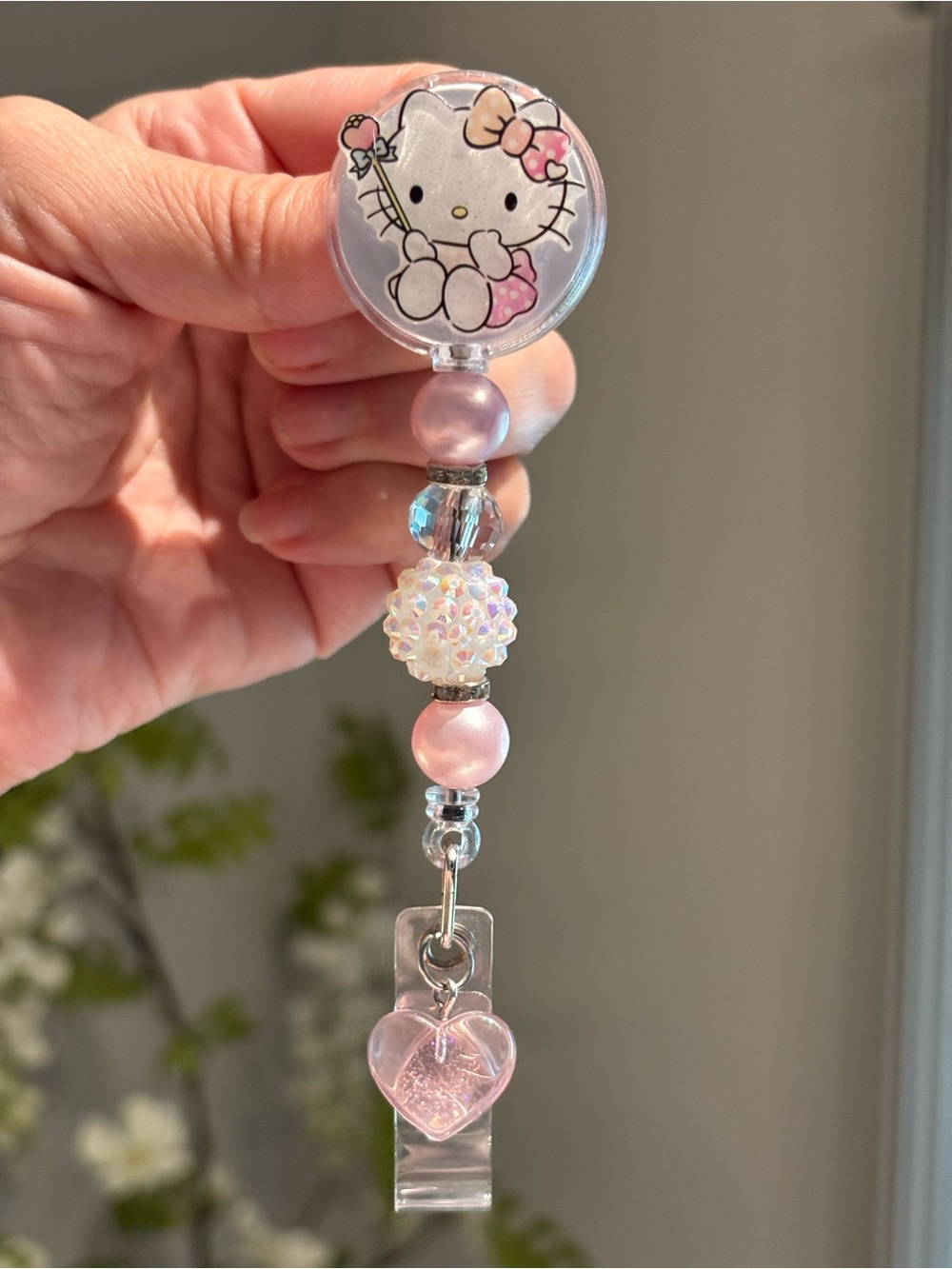 Handmade Kitty Pink Pearl & Crystal Badge Reel
